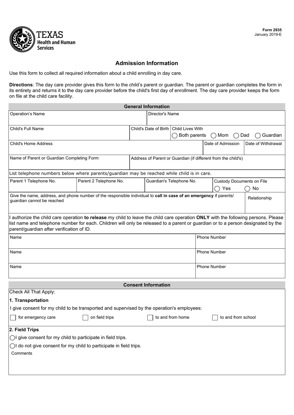 Form 2935 Admission Information - Texas, Page 1
