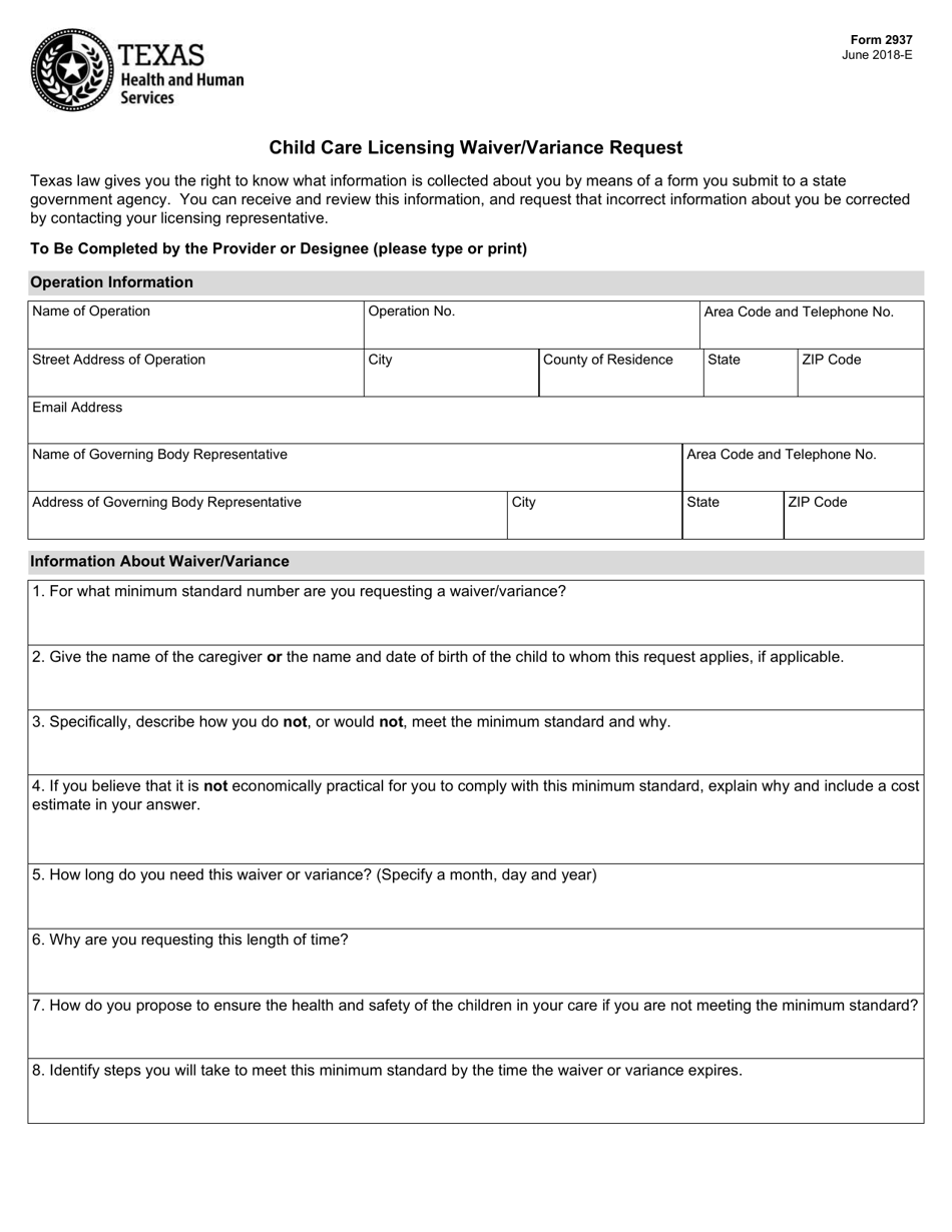 Form 2937 Child Care Licensing Waiver / Variance Request - Texas, Page 1