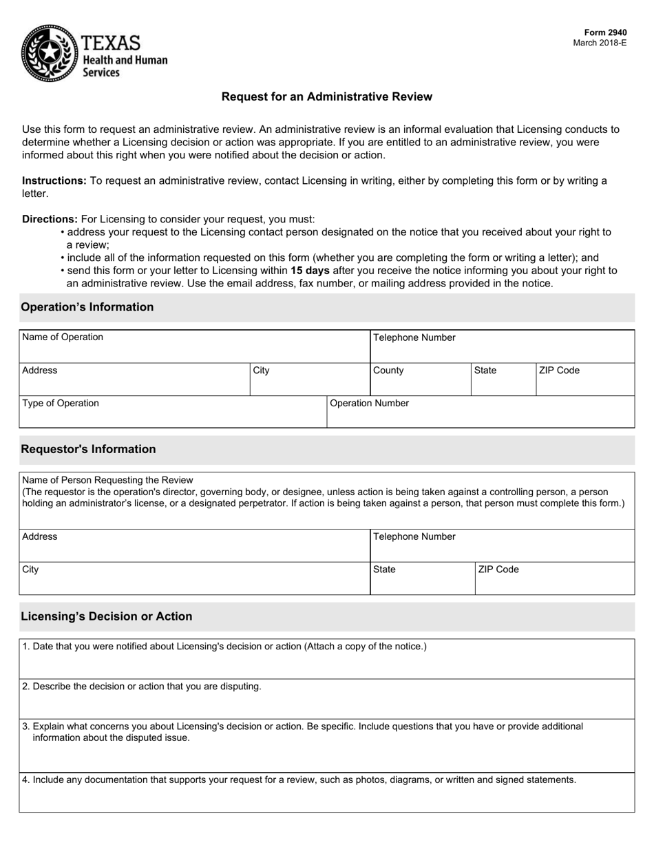 Form 2940 Request for an Administrative Review - Texas, Page 1