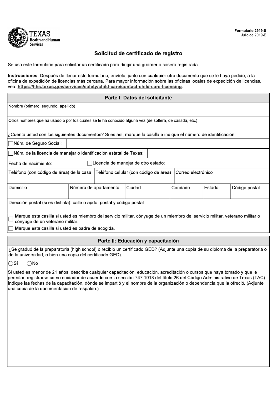 Formulario 2919 S Download Fillable Pdf Or Fill Online Solicitud De Certificado De Registro Texas Spanish Templateroller