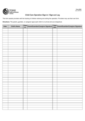 Document preview: Form 2941 Child Care Operation Sign-In/Sign-Out Log - Texas