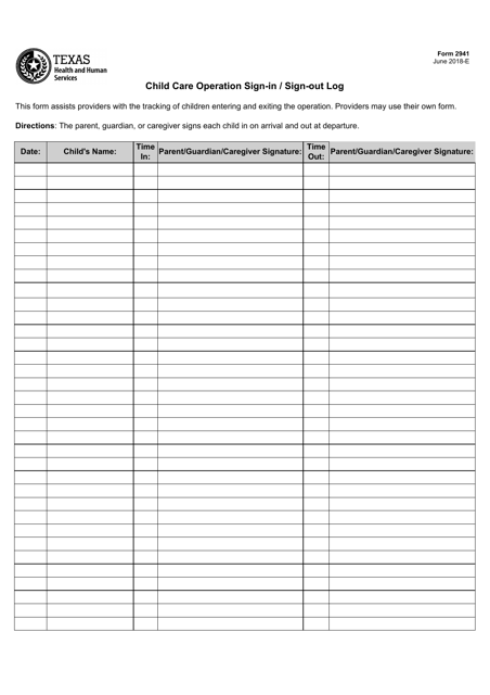 Form 2941 Child Care Operation Sign-In/Sign-Out Log - Texas