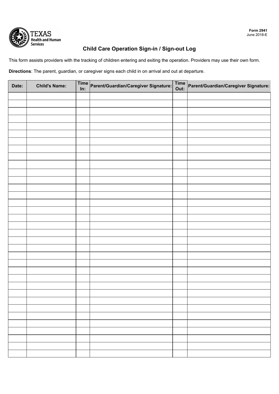 Form 2941 Child Care Operation Sign-In / Sign-Out Log - Texas, Page 1