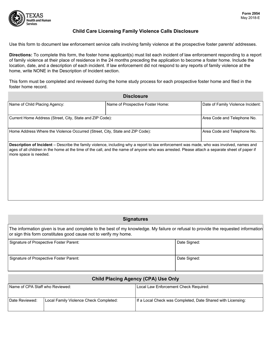 Form 2954 Child Care Licensing Family Violence Calls Disclosure - Texas, Page 1