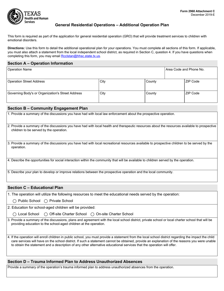 Form 2960 Attachment C General Residential Operations - Additional Operational Plan - Texas, Page 1