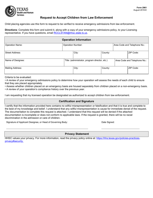 Form 2961 Request to Accept Children From Law Enforcement - Texas