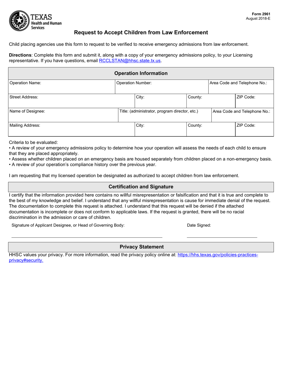 Form 2961 Request to Accept Children From Law Enforcement - Texas, Page 1