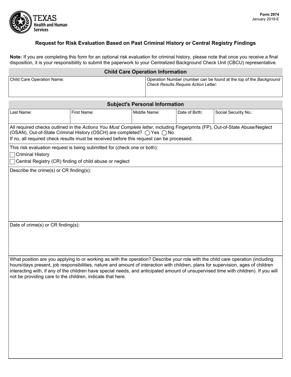 Form 2974 Request for Risk Evaluation Based on Past Criminal History or Central Registry Findings - Texas, Page 1