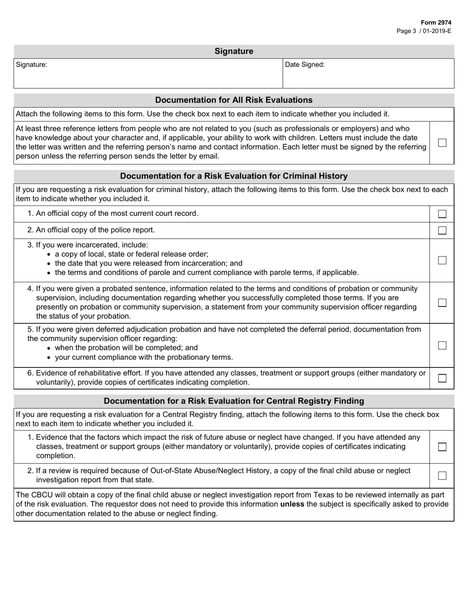 Form 2974 Request for Risk Evaluation Based on Past Criminal History or Central Registry Findings - Texas, Page 3