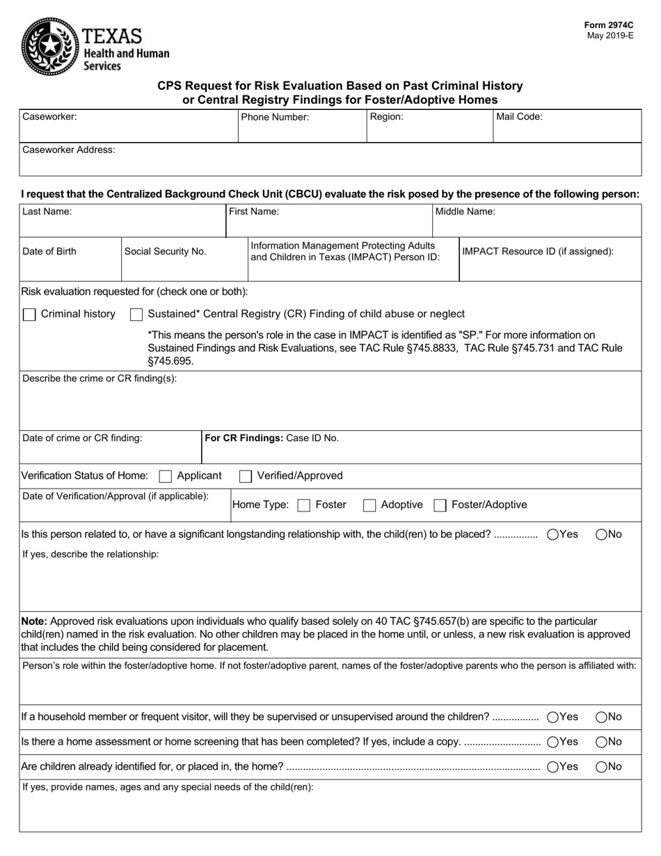 Form 2974C Cps Request for Risk Evaluation Based on Past Criminal History or Central Registry Findings for Foster / Adoptive Homes - Texas, Page 1