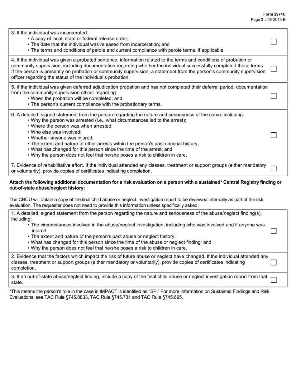 Form 2974C Cps Request for Risk Evaluation Based on Past Criminal History or Central Registry Findings for Foster / Adoptive Homes - Texas, Page 3