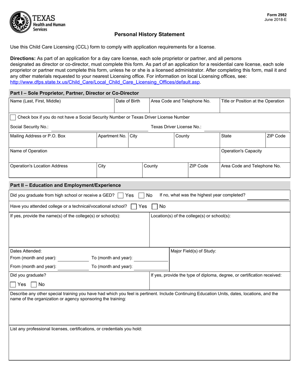 Form 2982 Personal History Statement - Texas, Page 1