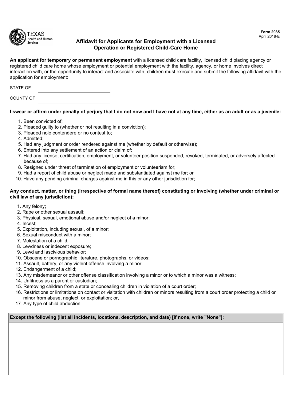 Form 2985 Affidavit for Applicants for Employment With a Licensed Operation or Registered Child-Care Home - Texas, Page 1