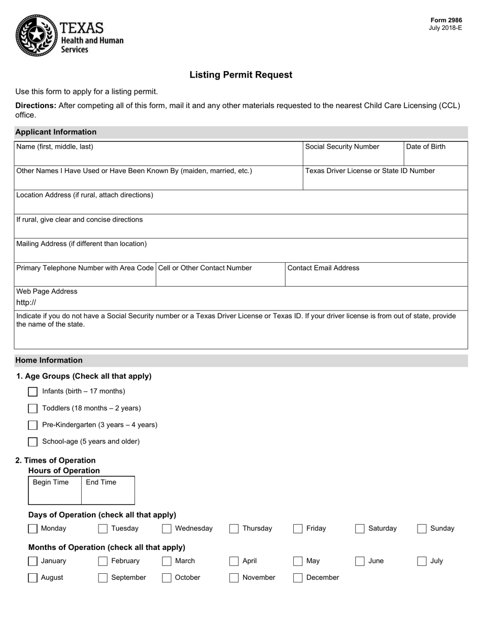 Form 2986 Download Fillable PDF or Fill Online Listing Permit Request Texas  | Templateroller