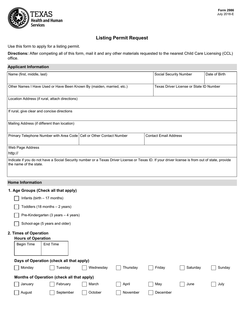 Form 2986 Listing Permit Request - Texas, Page 1
