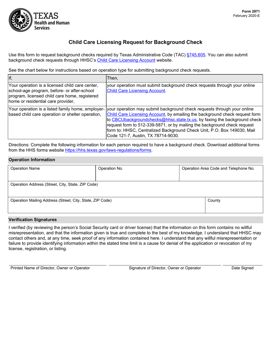 Form 2971 Child Care Licensing Request for Background Check - Texas, Page 1