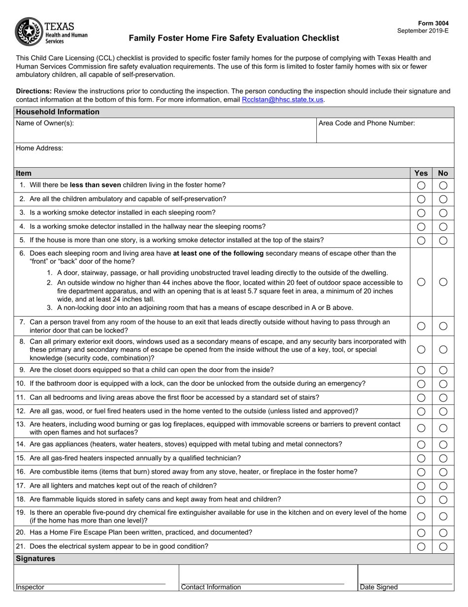 Form 3004 Family Foster Home Fire Safety Evaluation Checklist - Texas, Page 1