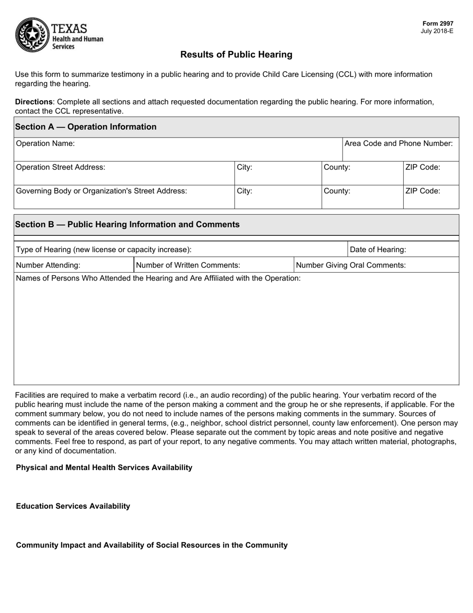 Form 2997 Results of Public Hearing - Texas, Page 1