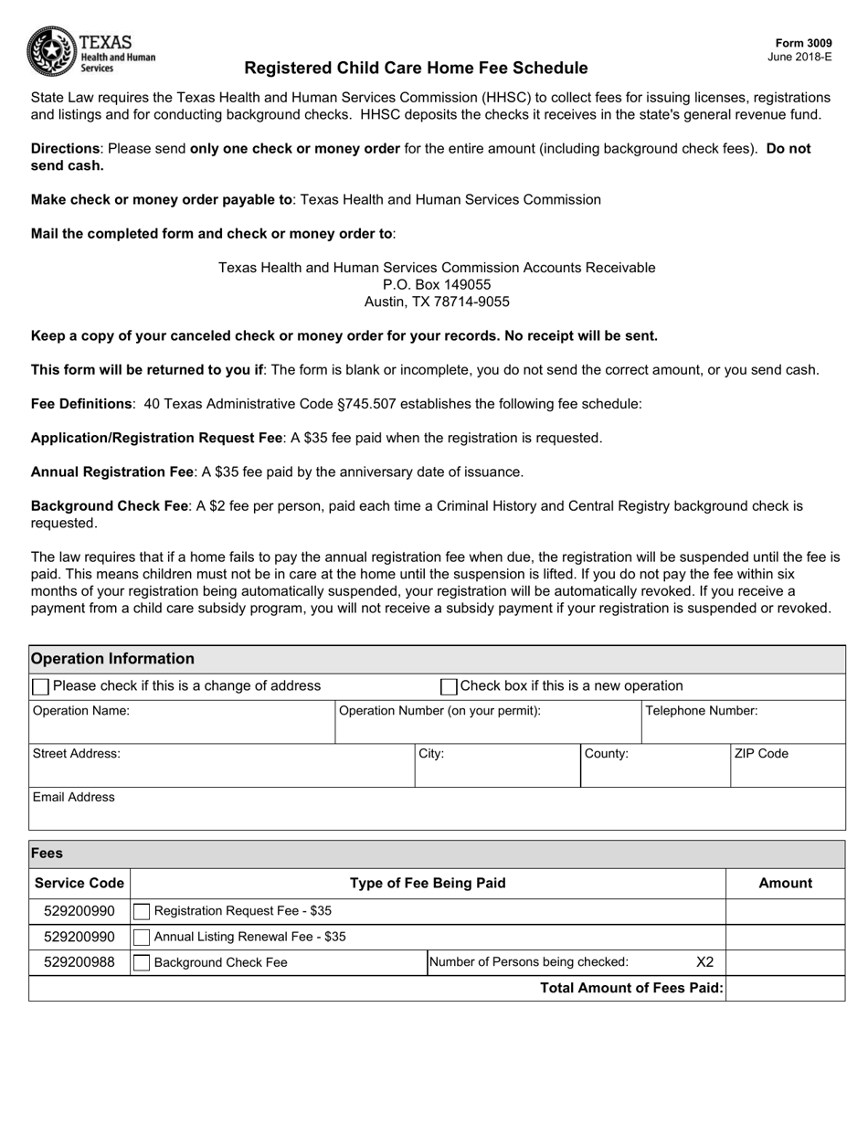 Form 3009 Registered Child Care Home Fee Schedule - Texas, Page 1