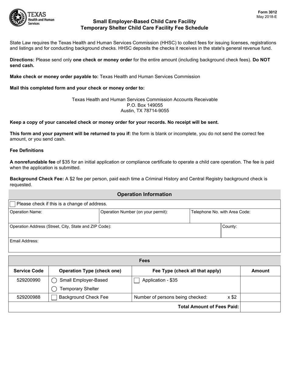 Form 3012 Small Employer-Based Child Care Facility Temporary Shelter Child Care Facility Fee Schedule - Texas, Page 1