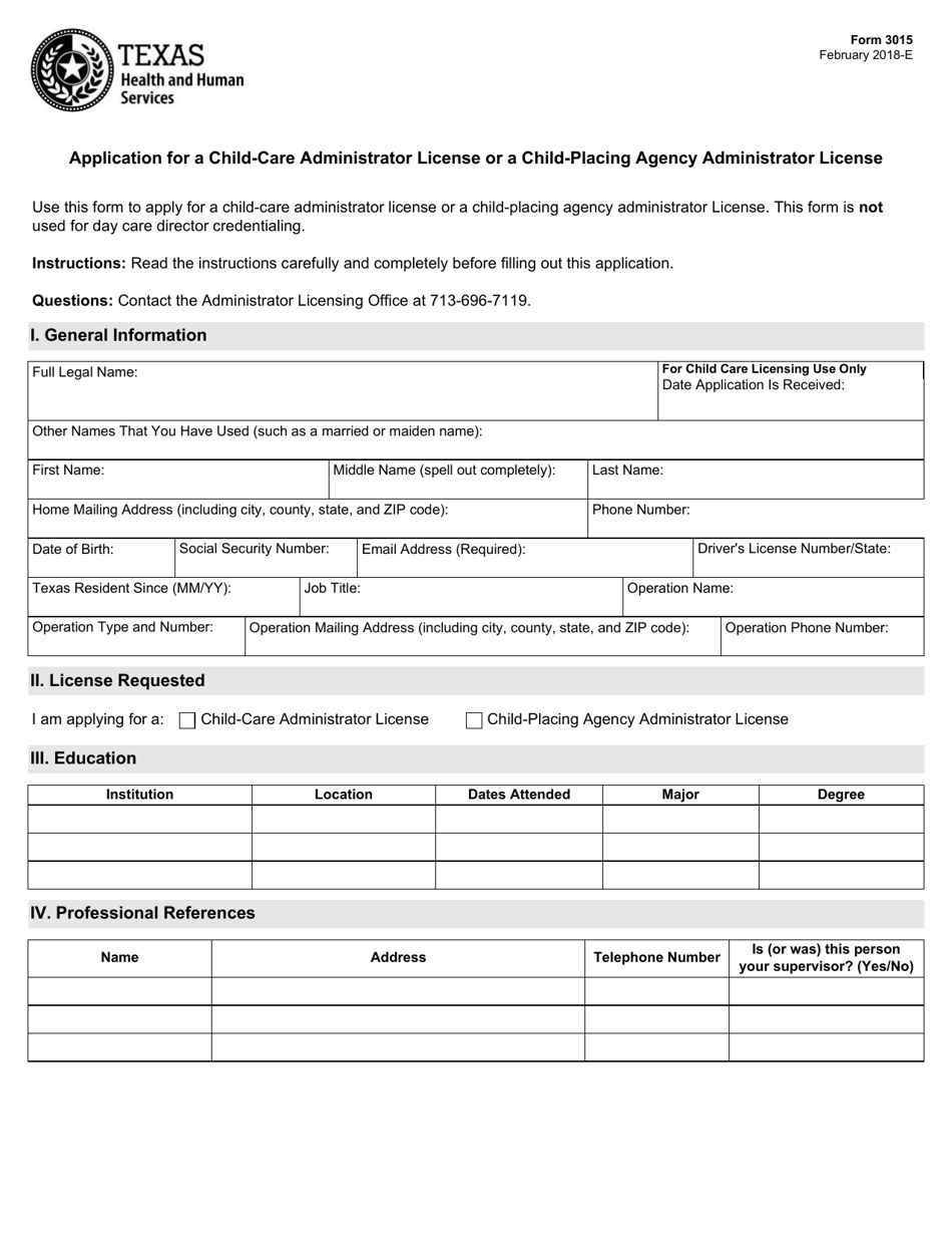 Form 3015 Application for a Child-Care Administrator License or a Child-Placing Agency Administrator License - Texas, Page 1
