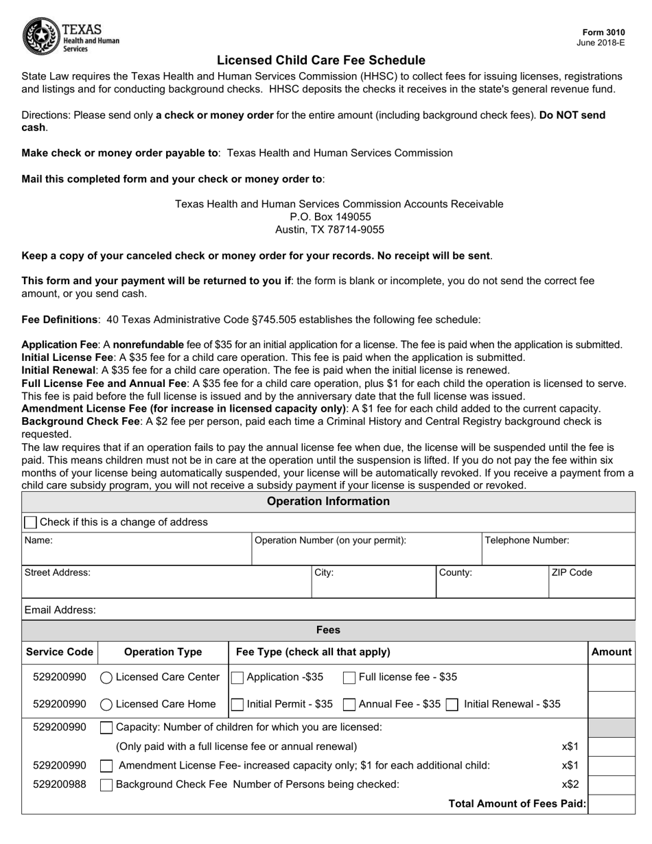 Form 3010 Licensed Child Care Fee Schedule - Texas, Page 1