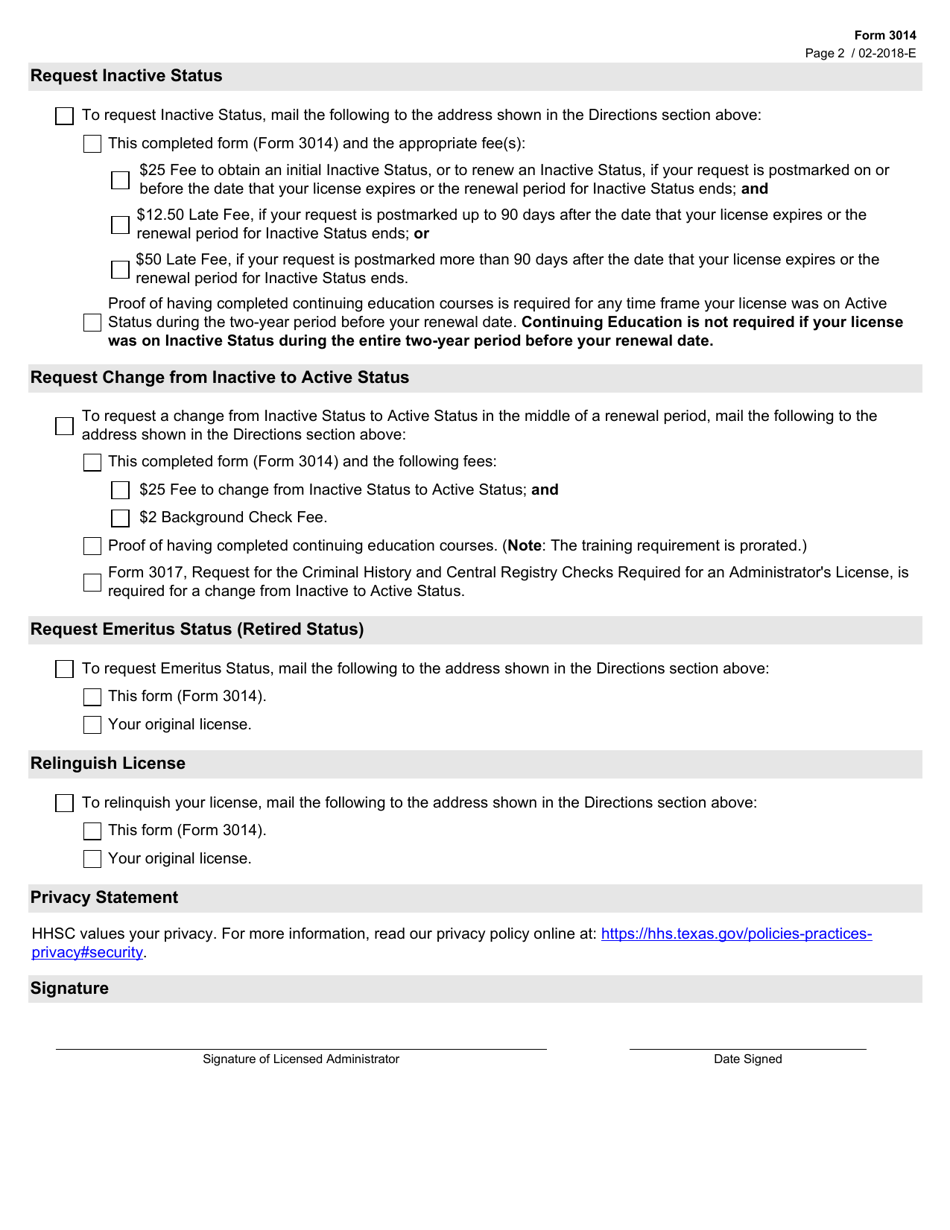 Form 3014 Administrator License - Renewal or Status Change - Texas, Page 2