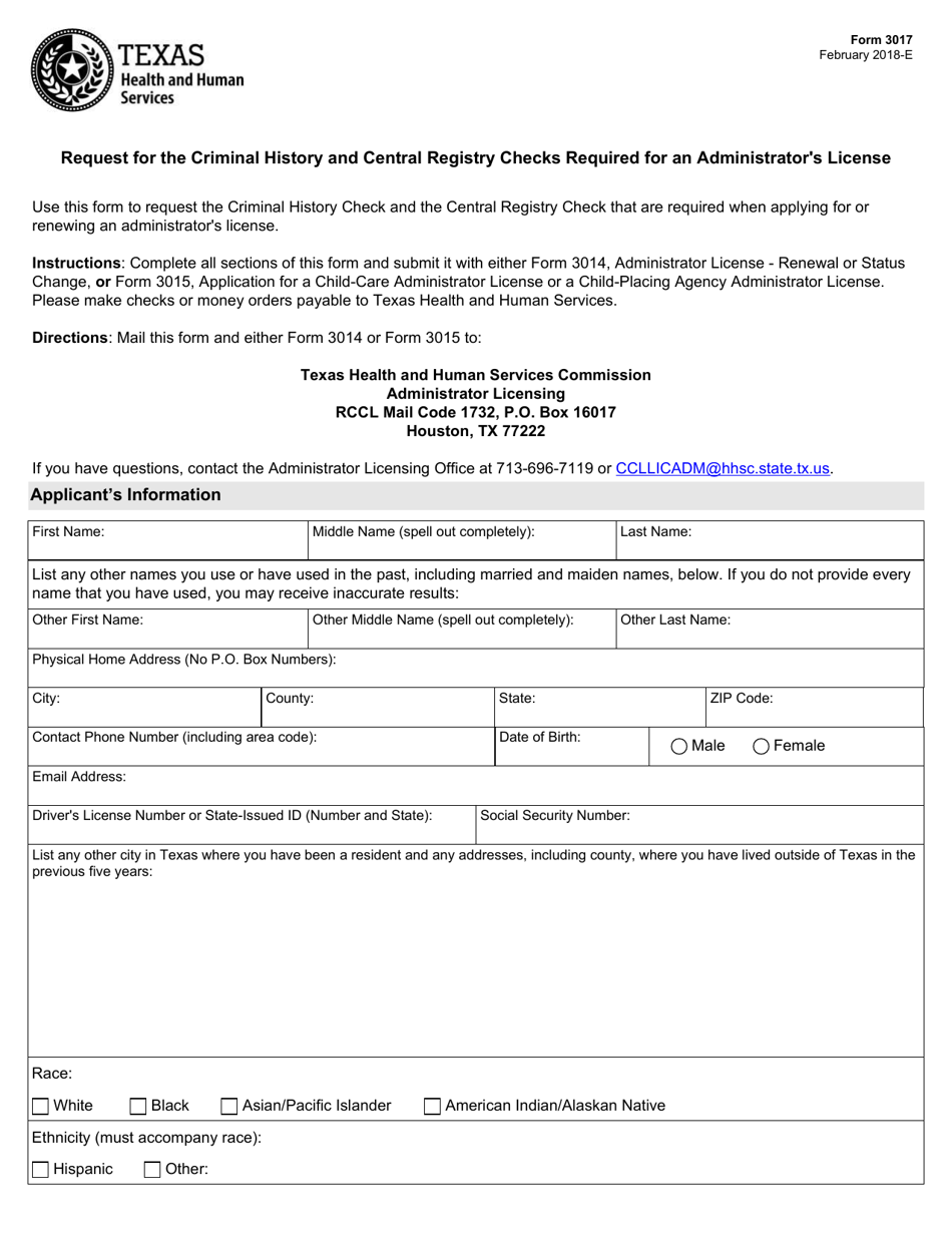Form 3017 Request for the Criminal History and Central Registry Checks Required for an Administrators License - Texas, Page 1