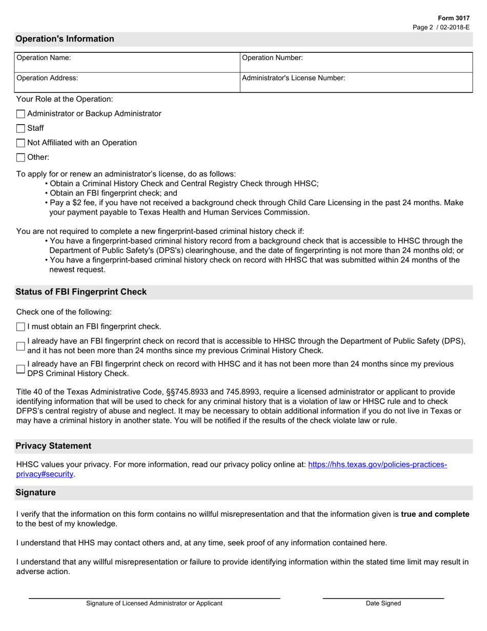 Form 3017 Request for the Criminal History and Central Registry Checks Required for an Administrators License - Texas, Page 2