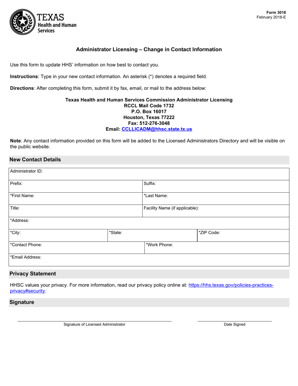 Form 3018 Administrator Licensing - Change in Contact Information - Texas, Page 1