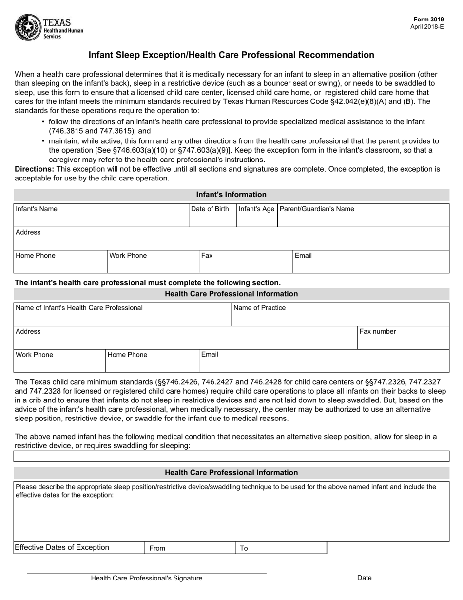 Form 3019 Infant Sleep Exception / Health Care Professional Recommendation - Texas, Page 1