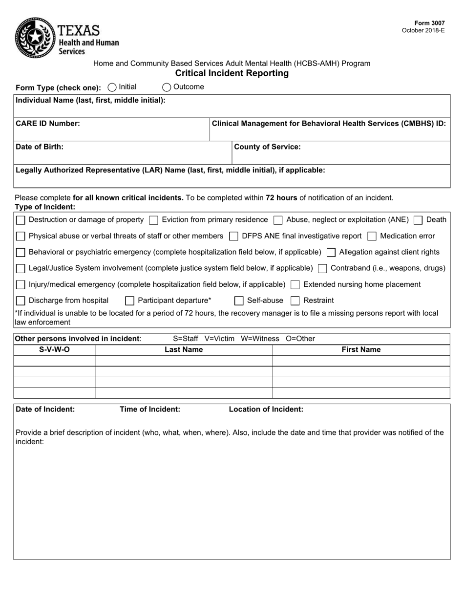 Form 3007 Critical Incident Reporting - Texas, Page 1