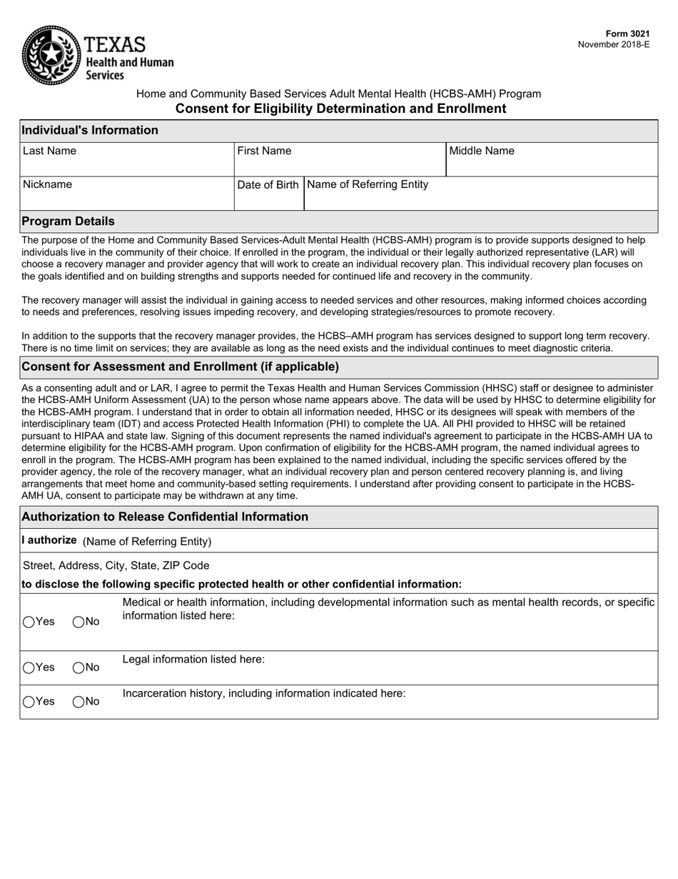Form 3021 Consent for Eligibility Determination and Enrollment - Texas, Page 1