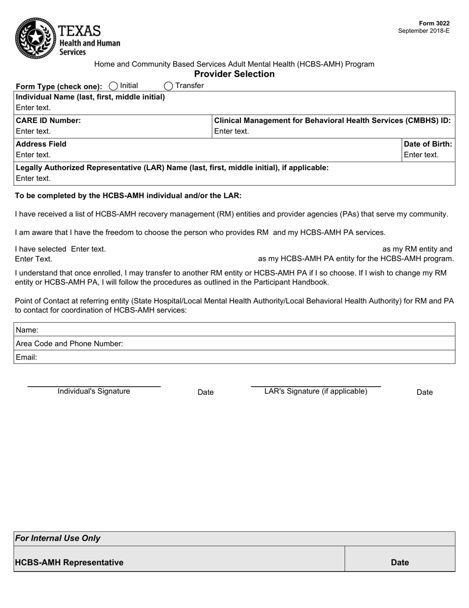 Form 3022 Provider Selection - Texas, Page 1