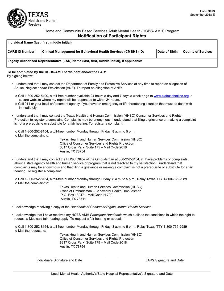 Form 3023 Notification of Participant Rights - Texas, Page 1