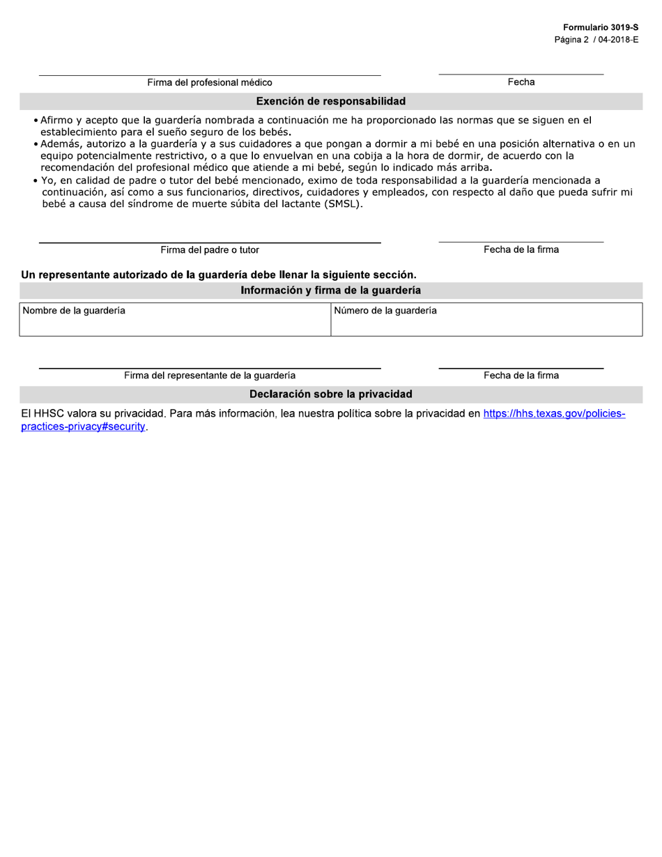 Formulario 3019-S Excepcion a Las Indicaciones Para El Sueno Del Bebe / Recomendacion Del Profesional Medico - Texas (Spanish), Page 2