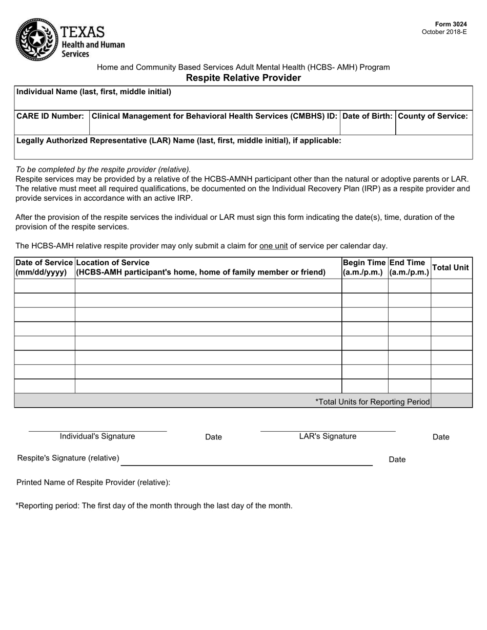 Form 3024 Respite Relative Provider - Texas, Page 1