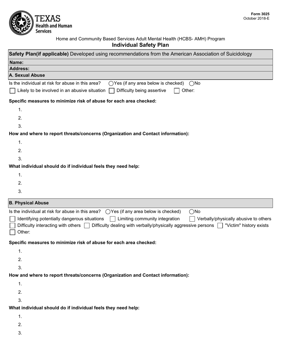 Form 3025 Individual Safety Plan - Texas, Page 1