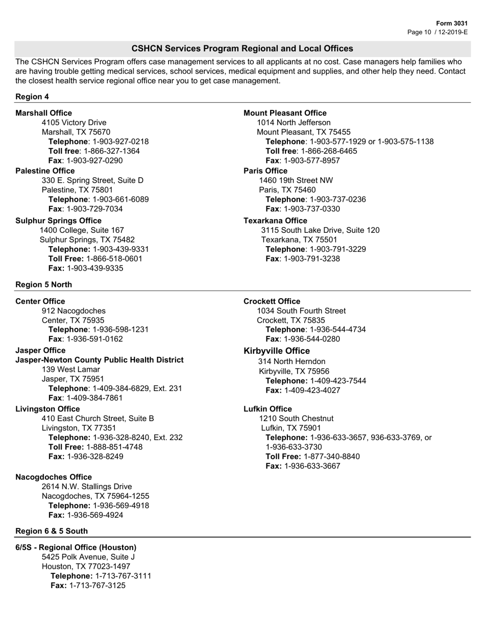 Form 3031 Children With Special Health Care Needs (Cshcn) Program Application - Texas, Page 10