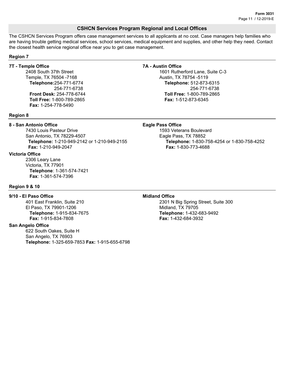 Form 3031 Children With Special Health Care Needs (Cshcn) Program Application - Texas, Page 11
