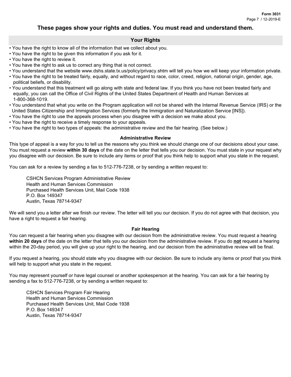 Form 3031 Children With Special Health Care Needs (Cshcn) Program Application - Texas, Page 7