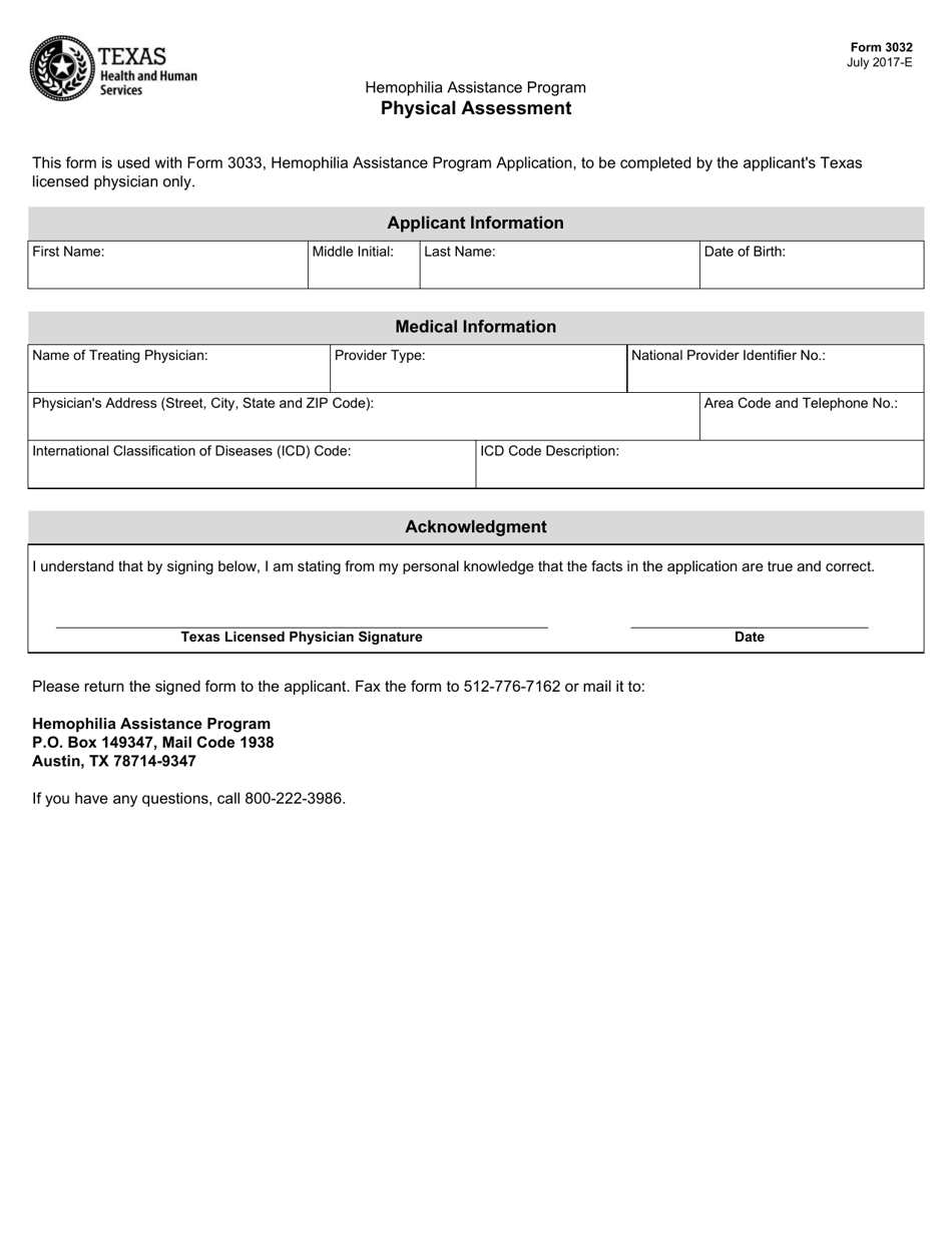 Form 3032 Hemophilia Assistance Program (Hap) Physical Assessment - Texas, Page 1