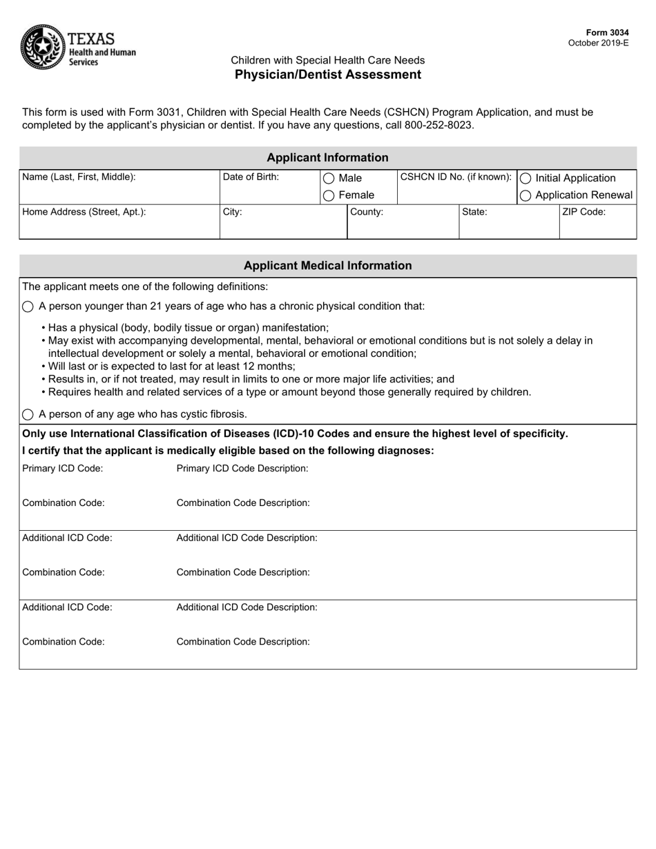 Form 3034 Cshcn Physician / Dentist Assessment - Texas, Page 1
