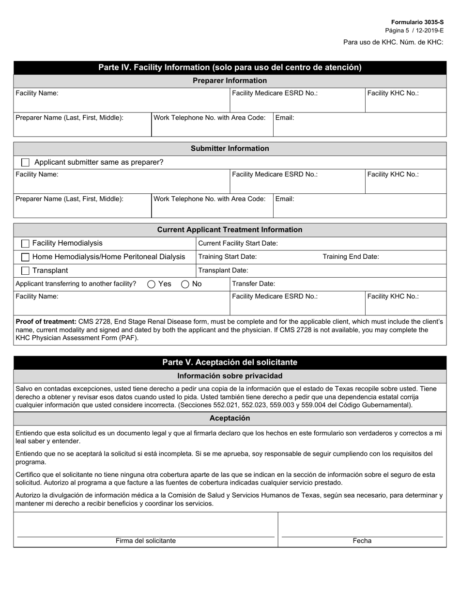 Formulario 3035-S Programa De Atencion Medica Renal (Khc) Solicitud - Texas (Spanish), Page 5