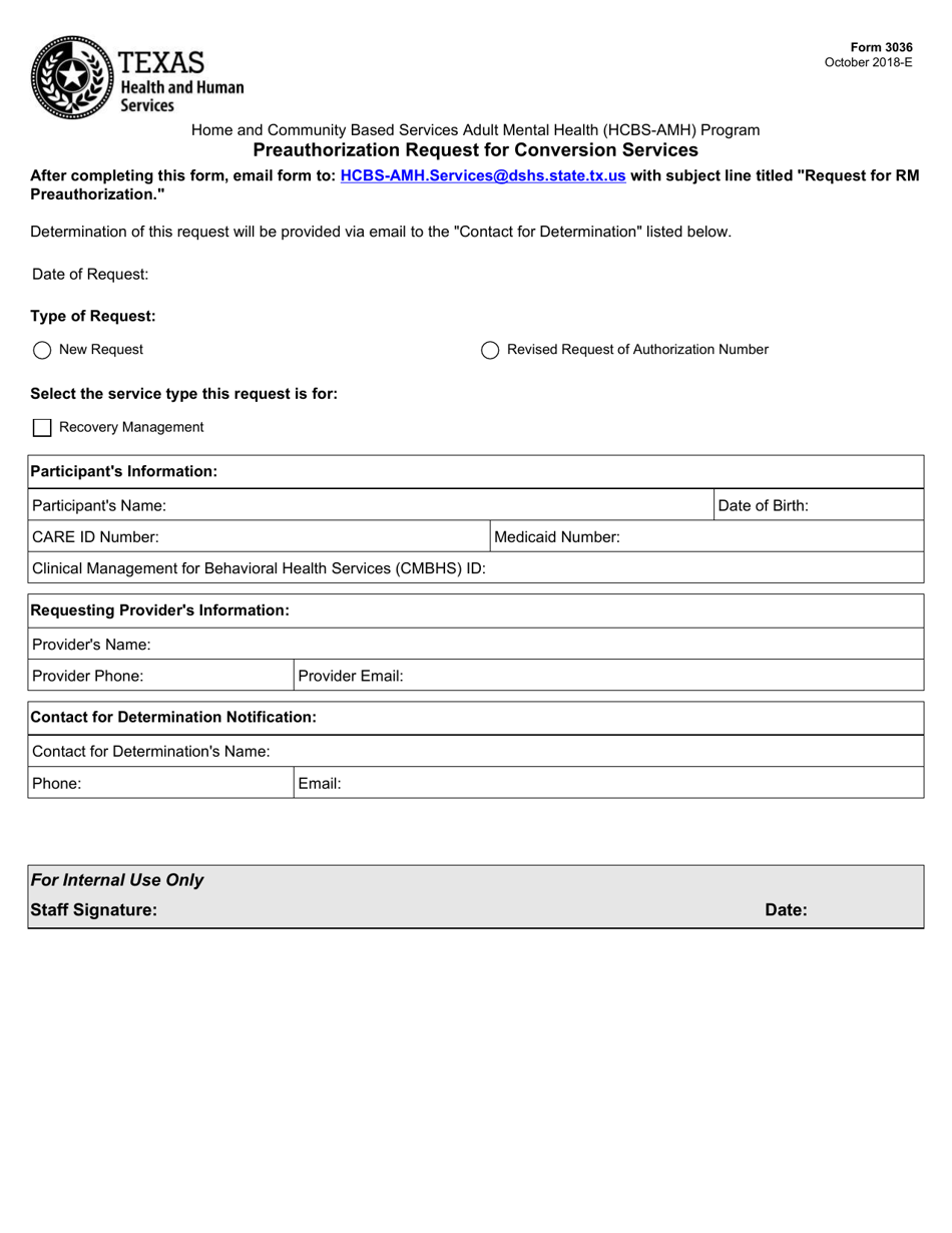 Form 3036 Preauthorization Request for Conversion Services - Texas, Page 1
