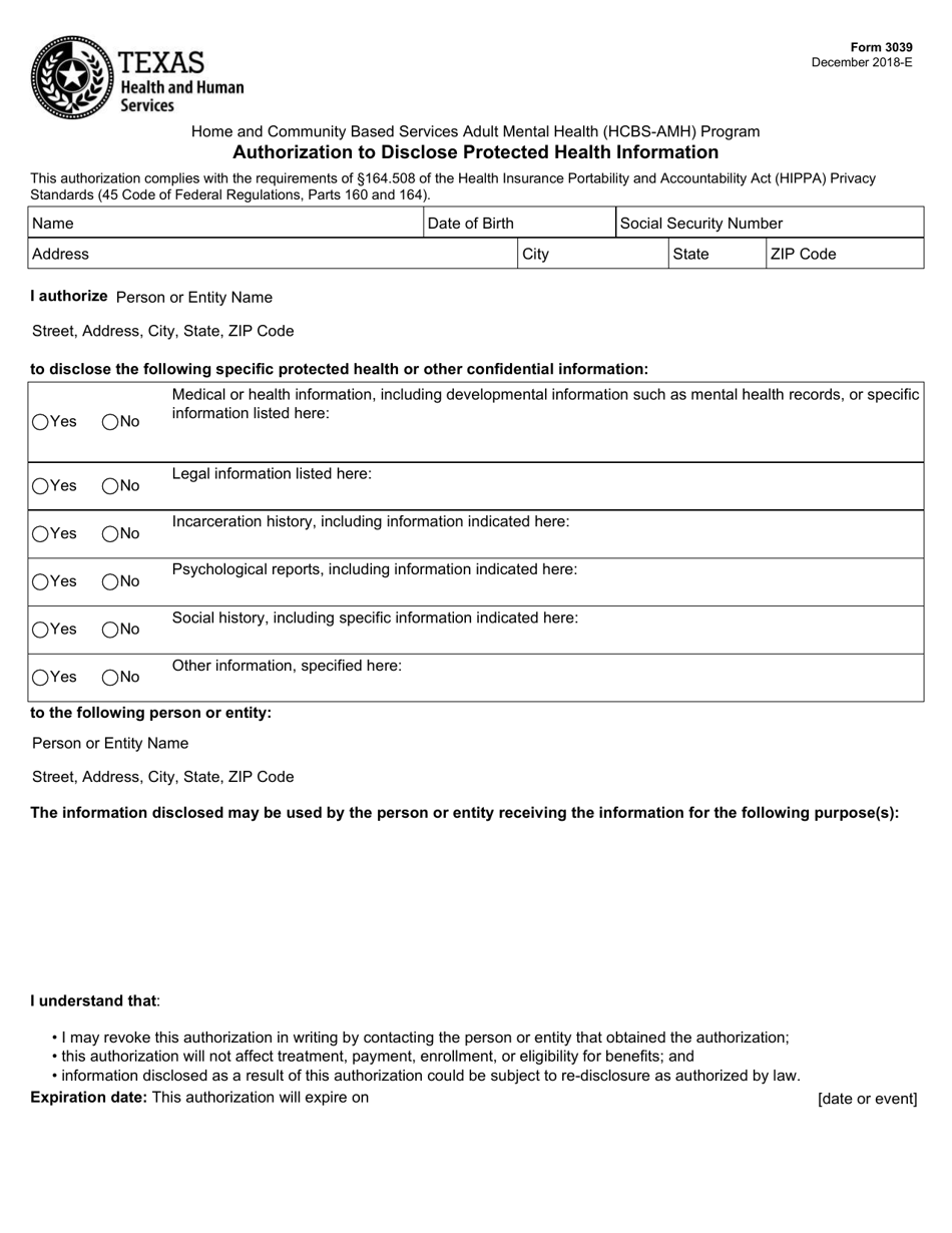 Form 3039 Authorization to Disclose Protected Health Information - Texas, Page 1
