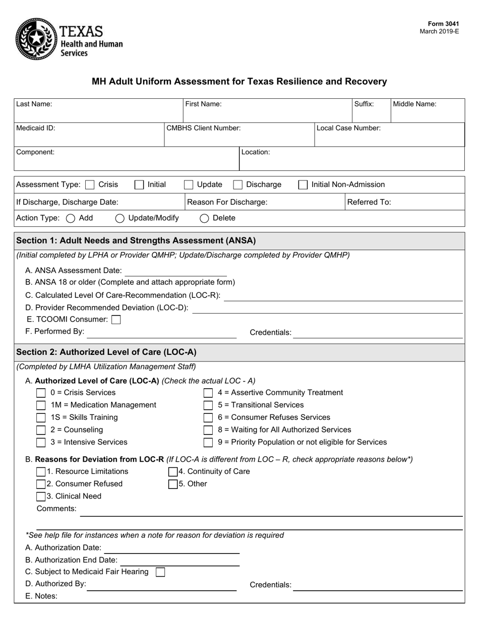Form 3041 Mh Adult Uniform Assessment for Texas Resilience and Recovery - Texas, Page 1