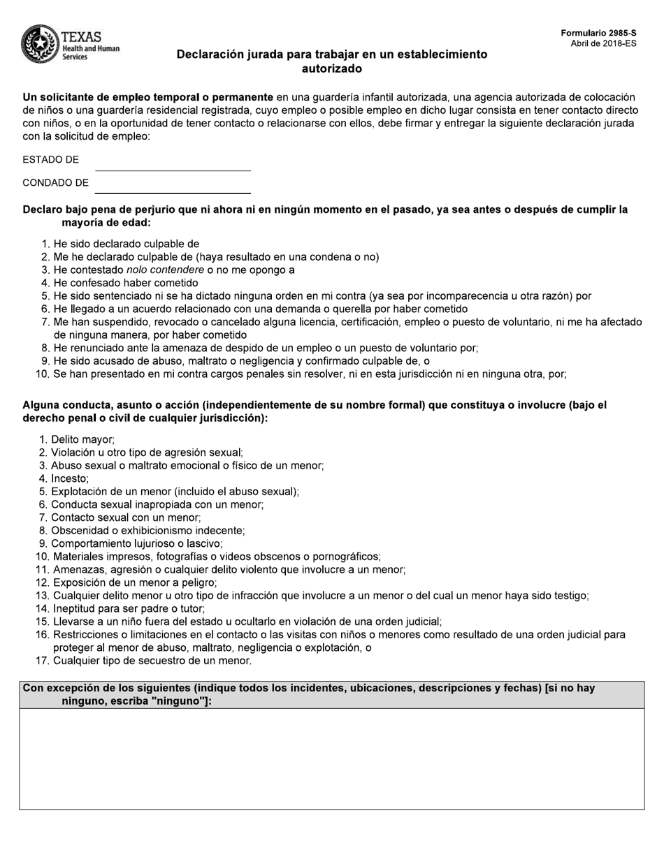 Formulario 2985-S Declaracion Jurada Para Trabajar En Un Establecimiento Autorizado - Texas (Spanish), Page 1