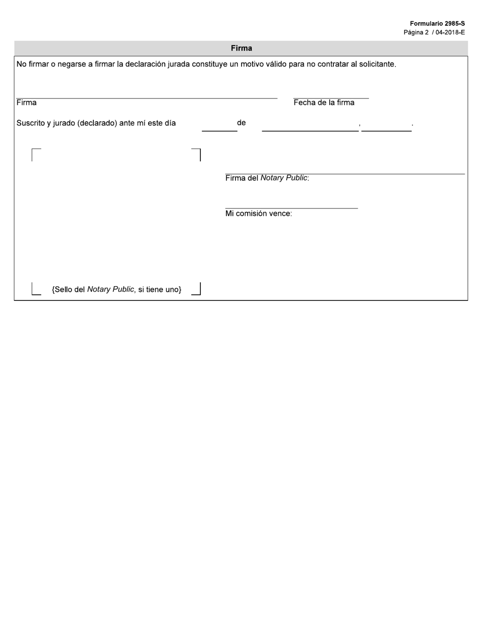 Formulario 2985-S Declaracion Jurada Para Trabajar En Un Establecimiento Autorizado - Texas (Spanish), Page 2
