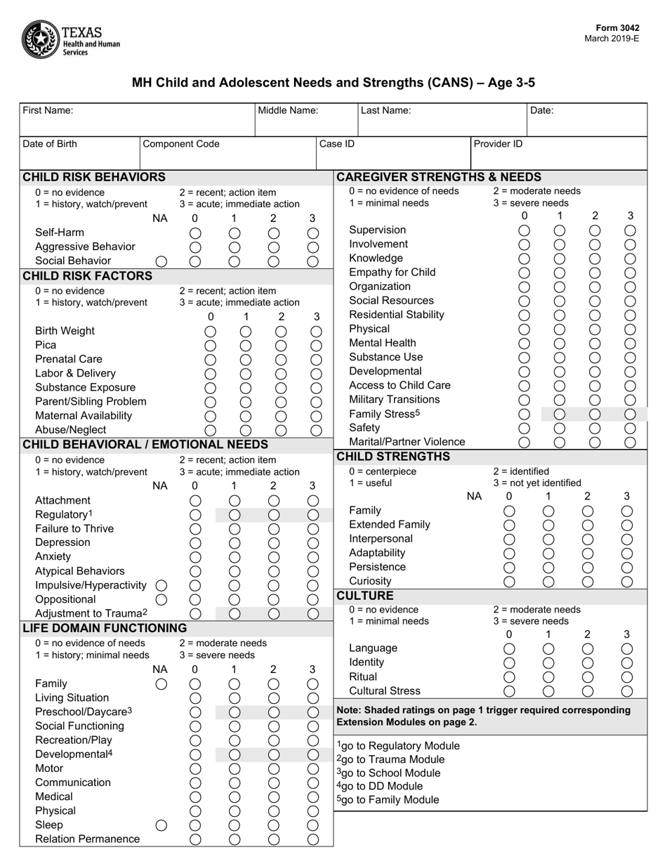 Form 3042 Mh Child and Adolescent Needs and Strengths (Cans) - Age 3-5 - Texas, Page 1